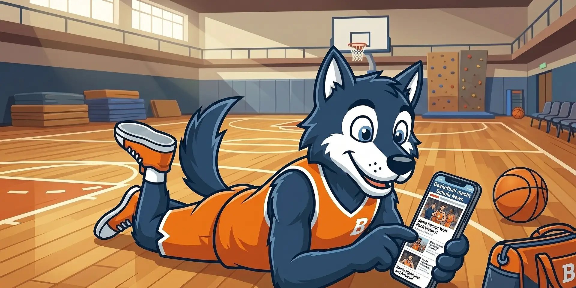Basketball macht Schule Maskottchen Wolfi liegt in der Sporthalle und zeigt den BMS Blog auf dem Smartphone