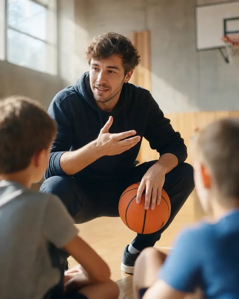 Junger Basketball-Trainer coacht Kinder bei einer Trainingseinheit in einer hellen Schulturnhalle in Mecklenburg-Vorpommern
