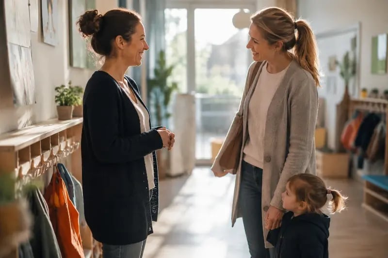 Kita-Erzieherin im freundlichen Gespräch mit einer Mutter im hellen Flur einer Kindertagesstätte