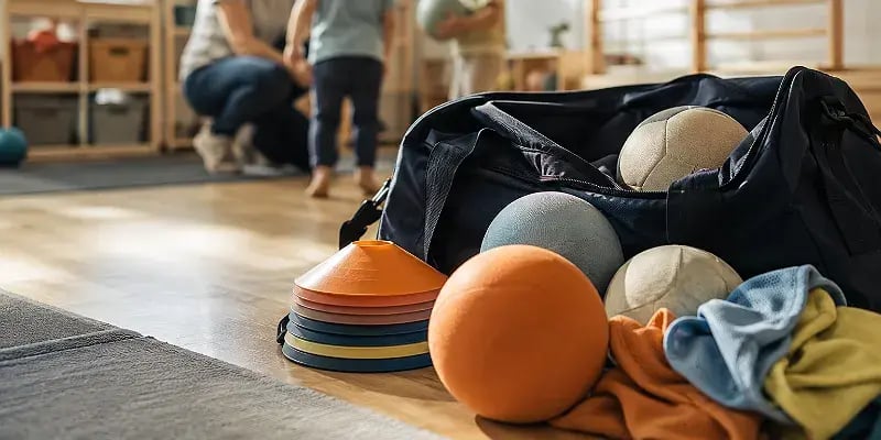 Komplettes Trainingsmaterial von Wolfis Ballschule mit weichen Bällen, Hütchen und Leibchen in einem hellen Kita-Bewegungsraum