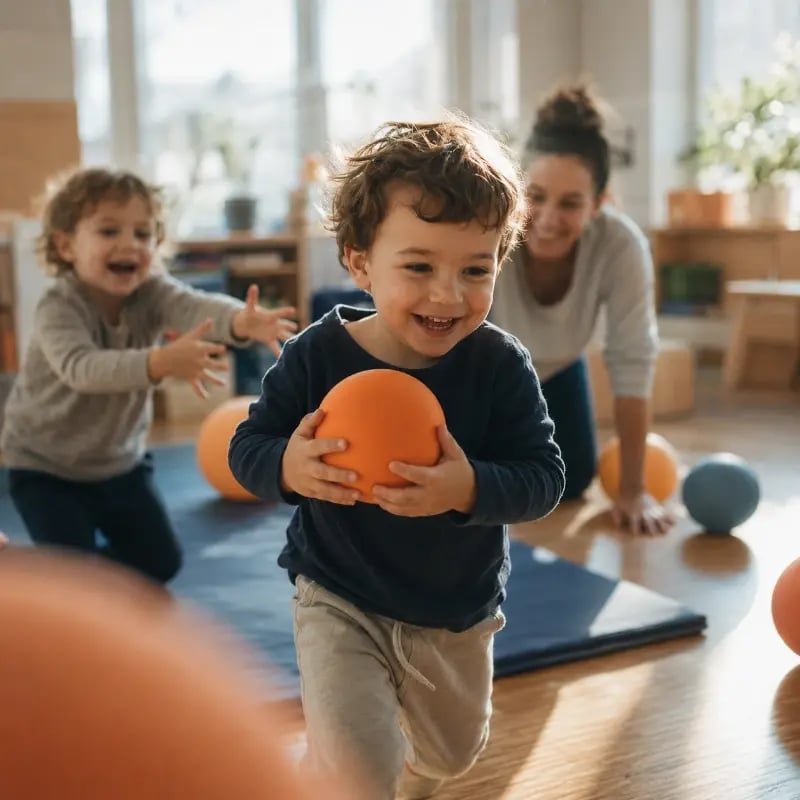 Kindergartenkinder in Bewegung bei der wöchentlichen Turnstunde von Wolfis Ballschule mit ausgebildetem Trainer